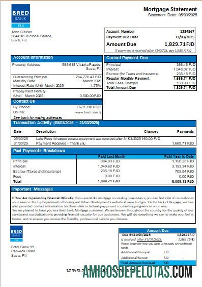 Fiji Bred Bank Declaração de hipoteca bancária Scr amostra